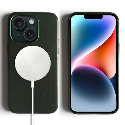 For iPhone 14 Magnetic Case Eco-Friendly RPET Leather Phone Back Cover GRS Certified - Blackish Green