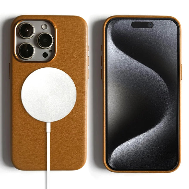 For iPhone 15 Pro Magnetic Case Eco-Friendly RPET Leather Phone Back Cover GRS Certified - Light Brown