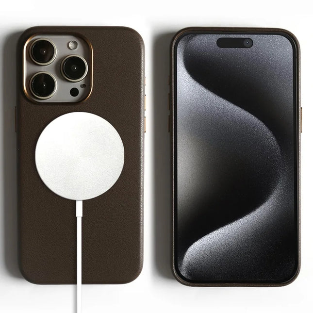 For iPhone 15 Pro Magnetic Case Eco-Friendly RPET Leather Phone Back Cover GRS Certified - Dark Brown