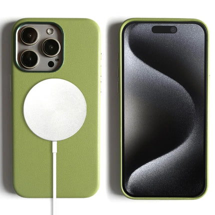 For iPhone 15 Pro Magnetic Case Eco-Friendly RPET Leather Phone Back Cover GRS Certified - Light Green
