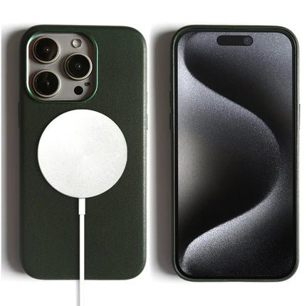 For iPhone 15 Pro Magnetic Case Eco-Friendly RPET Leather Phone Back Cover GRS Certified - Blackish Green