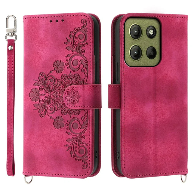 For Motorola Moto G15 4G Case Flower Pattern PU Leather Wallet Phone Cover with Strap - Wine Red