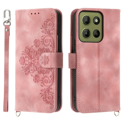 For Motorola Moto G15 4G Case Flower Pattern PU Leather Wallet Phone Cover with Strap - Pink