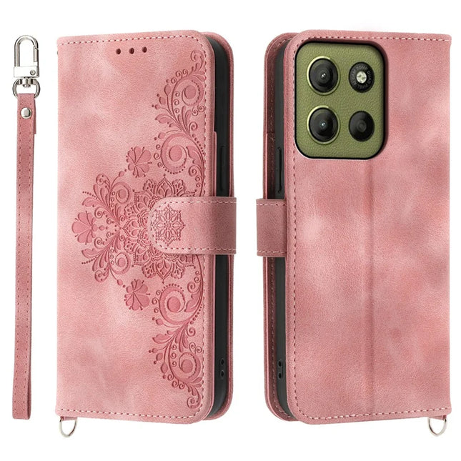 For Motorola Moto G15 4G Case Flower Pattern PU Leather Wallet Phone Cover with Strap - Pink