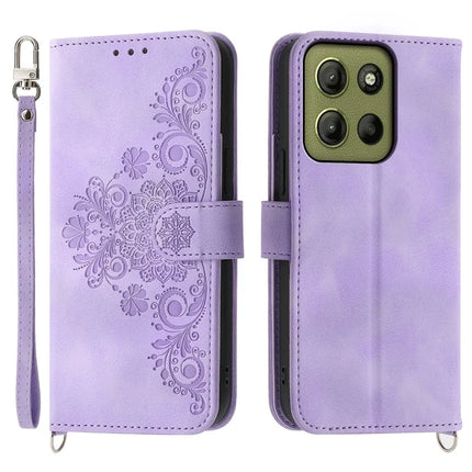 For Motorola Moto G15 4G Case Flower Pattern PU Leather Wallet Phone Cover with Strap - Light Purple