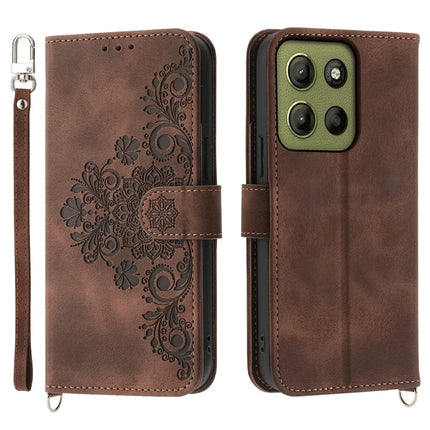 For Motorola Moto G15 4G Case Flower Pattern PU Leather Wallet Phone Cover with Strap - Brown