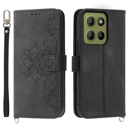 For Motorola Moto G15 4G Case Flower Pattern PU Leather Wallet Phone Cover with Strap - Black