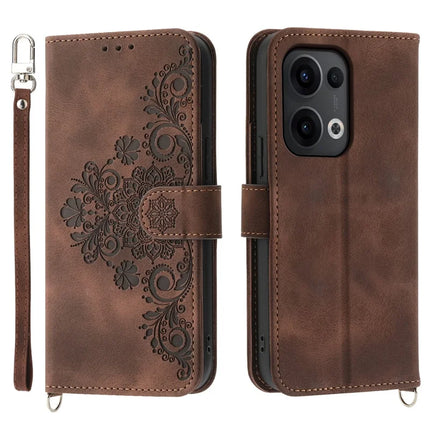 For Oppo Reno13 5G (Global) Case Flower Pattern PU Leather Wallet Phone Cover with Strap - Brown