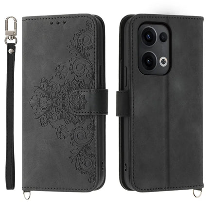 For Oppo Reno13 5G (Global) Case Flower Pattern PU Leather Wallet Phone Cover with Strap - Black