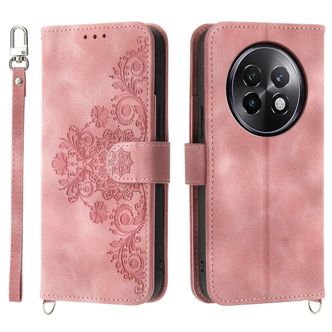 For Realme 13+ 5G Case Flower Pattern PU Leather Wallet Phone Cover with Strap - Pink