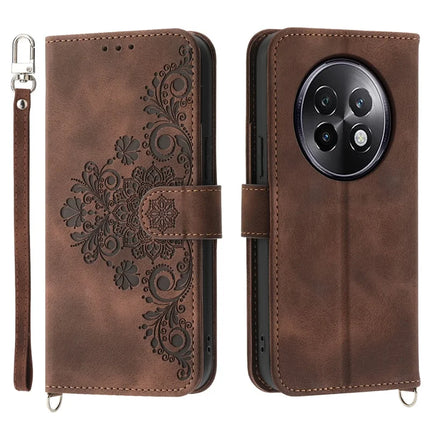 For Realme 13+ 5G Case Flower Pattern PU Leather Wallet Phone Cover with Strap - Brown