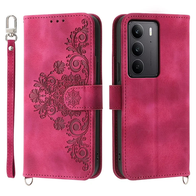 For Realme C75  /  V60 Pro Case Flower Pattern PU Leather Wallet Phone Cover with Strap - Wine Red