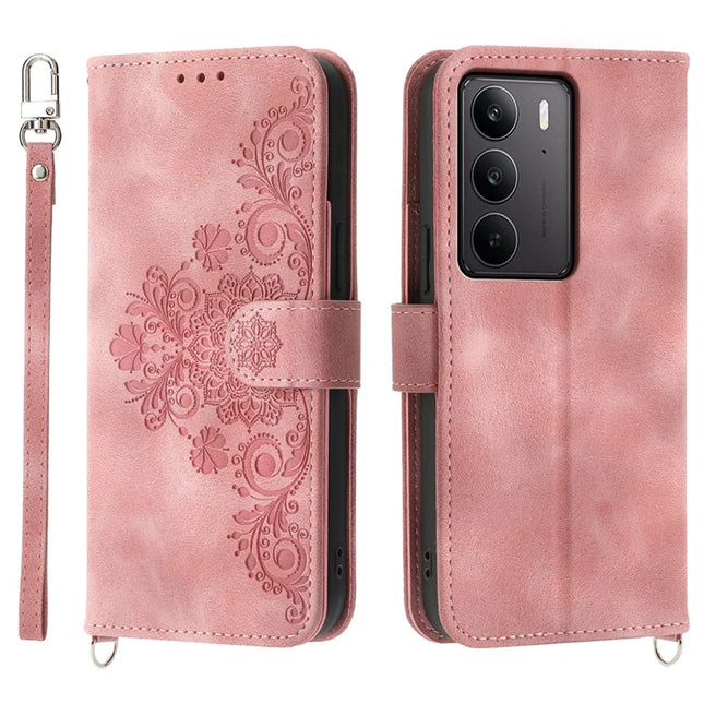 For Realme C75  /  V60 Pro Case Flower Pattern PU Leather Wallet Phone Cover with Strap - Pink