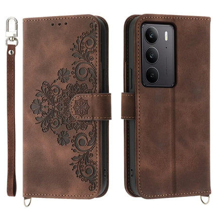For Realme C75  /  V60 Pro Case Flower Pattern PU Leather Wallet Phone Cover with Strap - Brown
