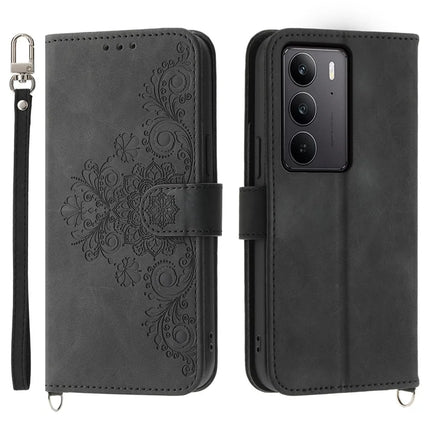 For Realme C75  /  V60 Pro Case Flower Pattern PU Leather Wallet Phone Cover with Strap - Black