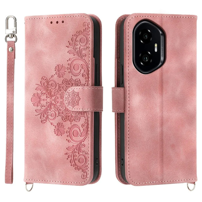 For Honor 300 Case Flower Pattern PU Leather Wallet Phone Cover with Strap - Pink