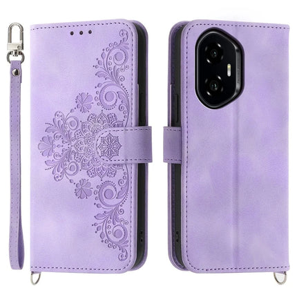 For Honor 300 Case Flower Pattern PU Leather Wallet Phone Cover with Strap - Light Purple