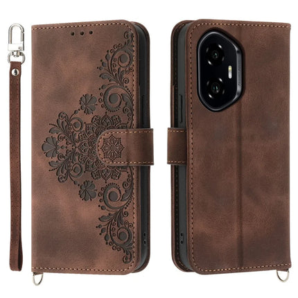 For Honor 300 Case Flower Pattern PU Leather Wallet Phone Cover with Strap - Brown