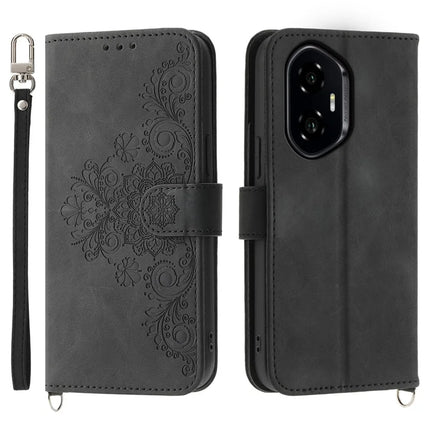 For Honor 300 Case Flower Pattern PU Leather Wallet Phone Cover with Strap - Black