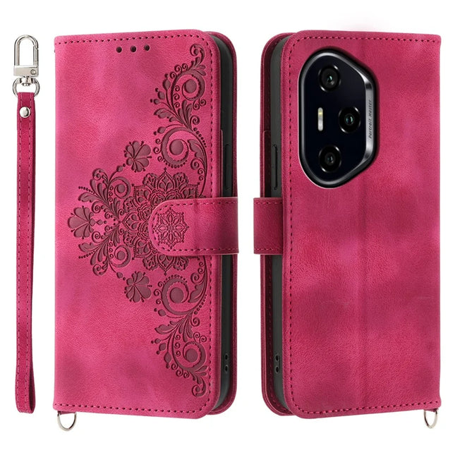 For Honor 300 Pro / 300 Ultra Case Flower Pattern PU Leather Wallet Phone Cover with Strap - Wine Red