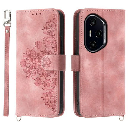 For Honor 300 Pro / 300 Ultra Case Flower Pattern PU Leather Wallet Phone Cover with Strap - Pink