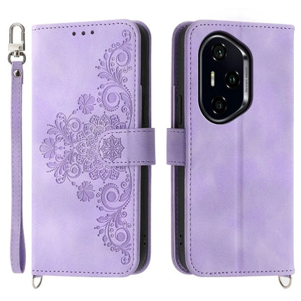 For Honor 300 Pro / 300 Ultra Case Flower Pattern PU Leather Wallet Phone Cover with Strap - Light Purple