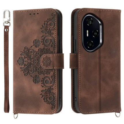 For Honor 300 Pro / 300 Ultra Case Flower Pattern PU Leather Wallet Phone Cover with Strap - Brown