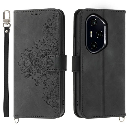 For Honor 300 Pro / 300 Ultra Case Flower Pattern PU Leather Wallet Phone Cover with Strap - Black