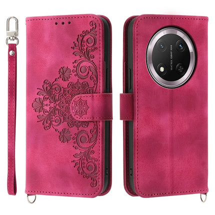 For Honor Magic7 Lite 5G / X9c 5G / X60 Pro 5G Case Flower Pattern PU Leather Wallet Phone Cover with Strap - Wine Red