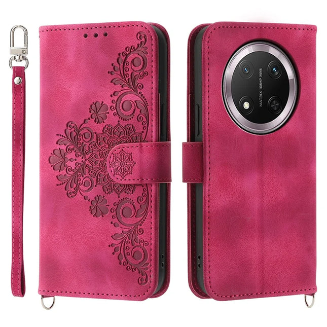 For Honor Magic7 Lite 5G / X9c 5G / X60 Pro 5G Case Flower Pattern PU Leather Wallet Phone Cover with Strap - Wine Red