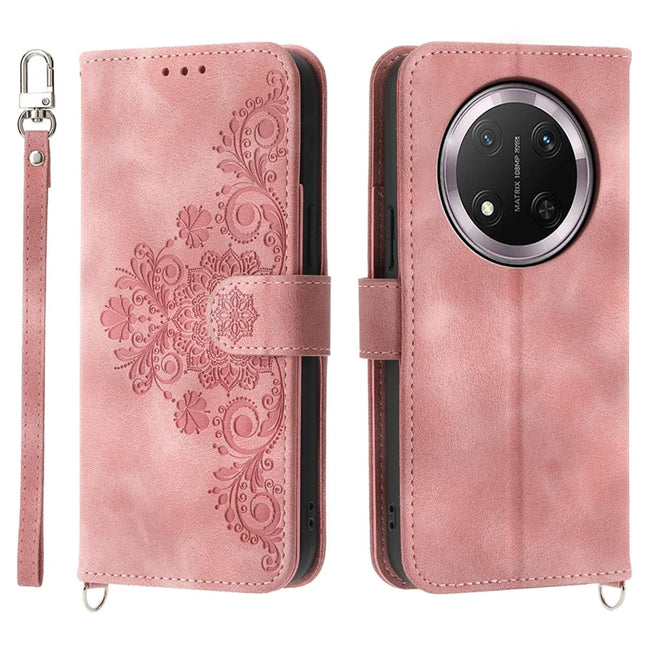 For Honor Magic7 Lite 5G / X9c 5G / X60 Pro 5G Case Flower Pattern PU Leather Wallet Phone Cover with Strap - Pink