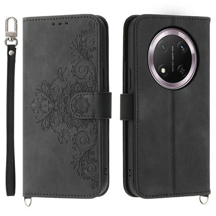 For Honor Magic7 Lite 5G / X9c 5G / X60 Pro 5G Case Flower Pattern PU Leather Wallet Phone Cover with Strap - Black