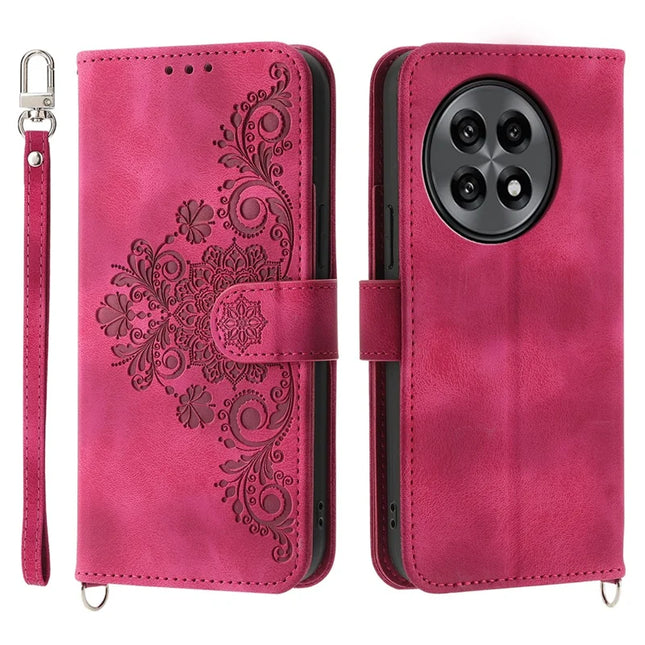 For OnePlus 13R 5G Case Flower Pattern PU Leather Wallet Phone Cover with Strap - Wine Red