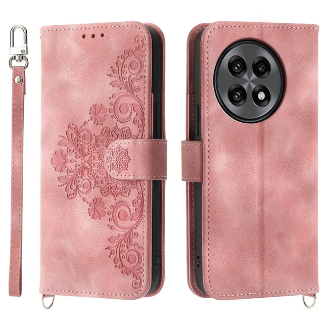 For OnePlus 13R 5G Case Flower Pattern PU Leather Wallet Phone Cover with Strap - Pink