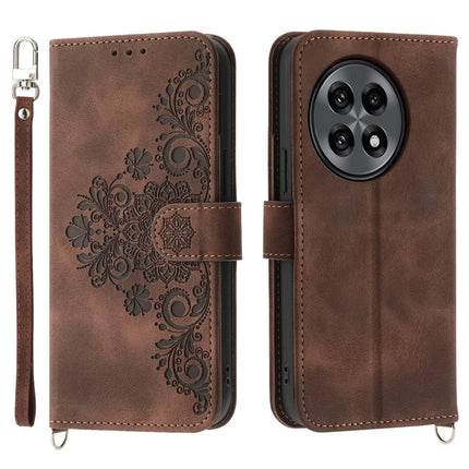 For OnePlus 13R 5G Case Flower Pattern PU Leather Wallet Phone Cover with Strap - Brown