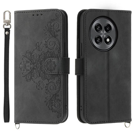 For OnePlus 13R 5G Case Flower Pattern PU Leather Wallet Phone Cover with Strap - Black