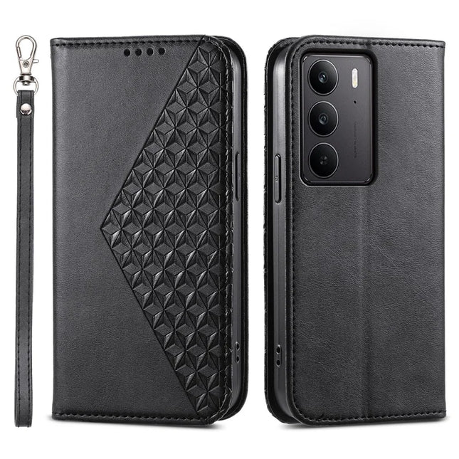 For Realme C75  /  V60 Pro Case Calf Texture PU Leather Phone Cover with Wallet - Black