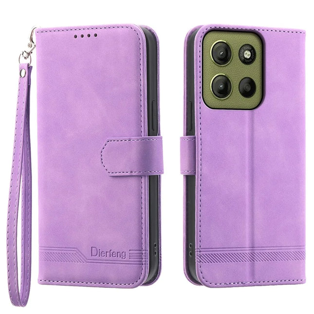 DIERFENG DF-03 For Motorola Moto G15 4G Leather Case Lines Imprint Wallet Phone Cover - Purple