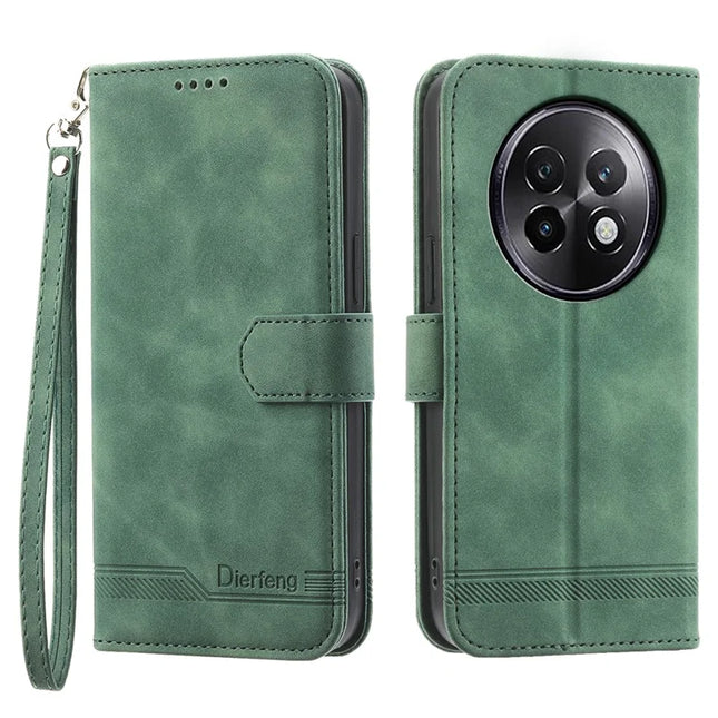 DIERFENG DF-03 For Realme 13+ 5G Leather Case Lines Imprint Wallet Phone Cover - Green