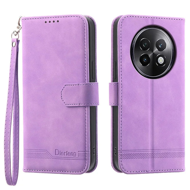 DIERFENG DF-03 For Realme 13+ 5G Leather Case Lines Imprint Wallet Phone Cover - Purple