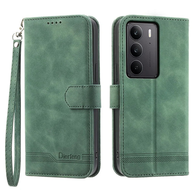 DIERFENG DF-03 For Realme C75  /  Realme V60 Pro Leather Case Lines Imprint Wallet Phone Cover - Green