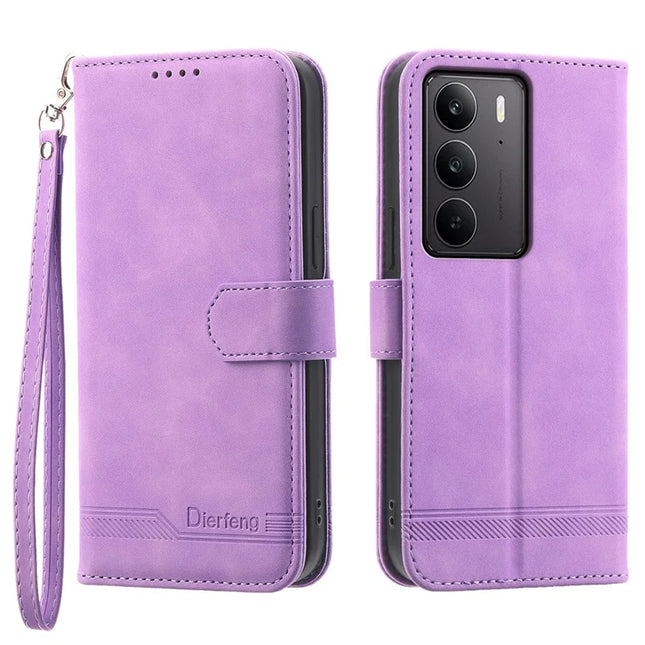 DIERFENG DF-03 For Realme C75  /  Realme V60 Pro Leather Case Lines Imprint Wallet Phone Cover - Purple