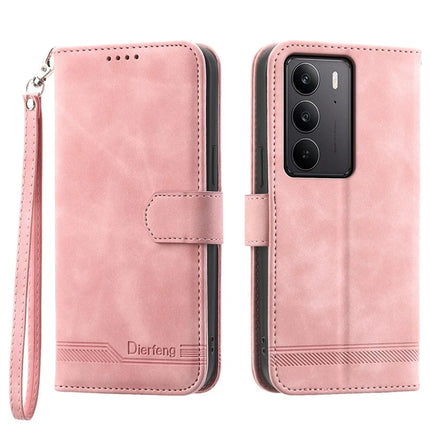 DIERFENG DF-03 For Realme C75  /  Realme V60 Pro Leather Case Lines Imprint Wallet Phone Cover - Pink