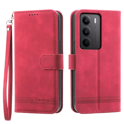 DIERFENG DF-03 For Realme C75  /  Realme V60 Pro Leather Case Lines Imprint Wallet Phone Cover - Red