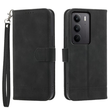 DIERFENG DF-03 For Realme C75  /  Realme V60 Pro Leather Case Lines Imprint Wallet Phone Cover - Black