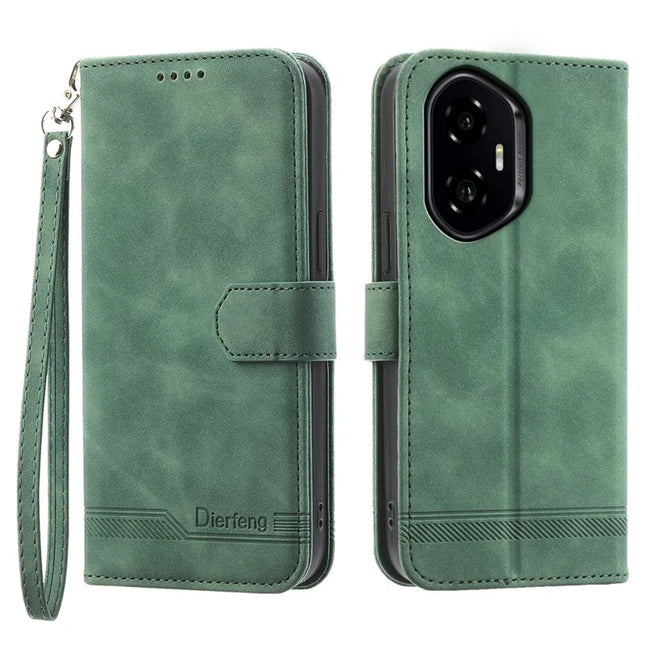 DIERFENG DF-03 For Honor 300 Leather Case Lines Imprint Wallet Phone Cover - Green