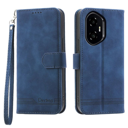 DIERFENG DF-03 For Honor 300 Leather Case Lines Imprint Wallet Phone Cover - Blue