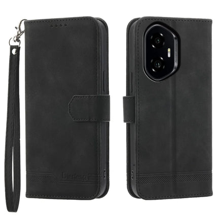 DIERFENG DF-03 For Honor 300 Leather Case Lines Imprint Wallet Phone Cover - Black