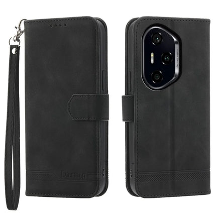 DIERFENG DF-03 For Honor 300 Pro / 300 Ultra Leather Case Lines Imprint Wallet Phone Cover - Black