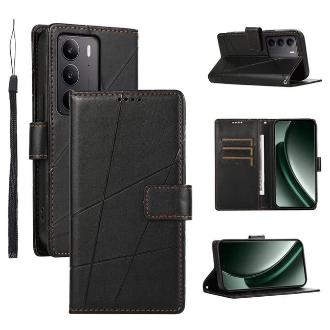 For Realme V60 Pro / C75 Phone Case Line Imprint Leather Wallet Cover - Black